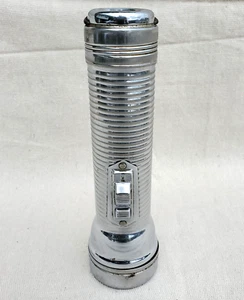 Vintage Burgess Flashlight D Cell Made In USA Chrome Two Button Ribbed 7” - Picture 1 of 16