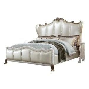Acme Dresden II Faux Leather Upholstered Queen Bed in Gold and Pearl White - Picture 1 of 2