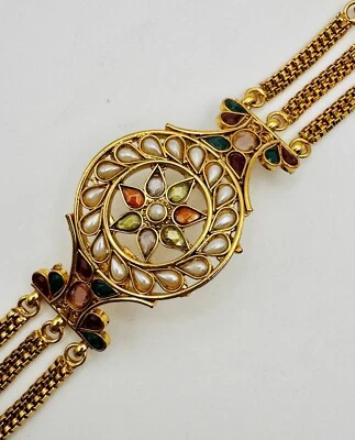 Boho Multicolored Stones Ornate Bracelet Gold Tone Adjustable Faux Pearls - Image 1 of 4