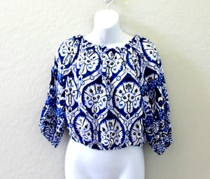Haute Hippie Balloon Sleeve Blue Batik Boho Off The Shoulder Cropped Top Size XS - Picture 1 of 4