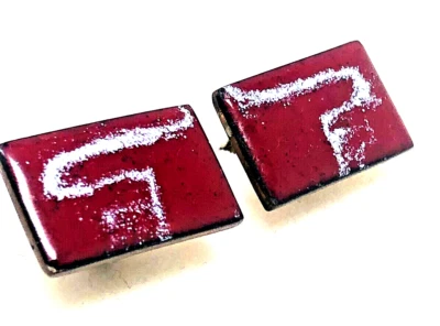 Vint. Modernist  Red and White  Enamel on Copper Cufflinks  Handmade - Image 1 of 4