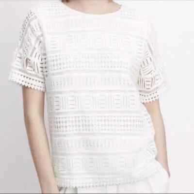 Top Vince Geométrico Encaje Crochet Manga Corta Forrado 100% Algodón Blanco Mujer S Foto 1 de 4