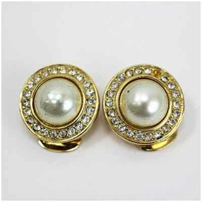 Christian Dior Earring Imitation Pearl Line Stone Gold Plated 25x10mm Used - Image 1 of 2