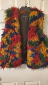 JEALOUS TOMATO MULTICOLORED FAUX FUR RAINBOW GLAM FURRY VEST SIZE MEDIUM - Picture 1 of 7