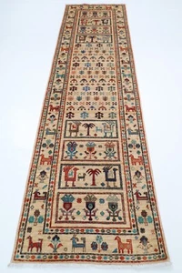 10 ft Hallway Animal Beige Runner Rug Afghan Hand Knotted Wool Oriental Rug - Picture 1 of 9