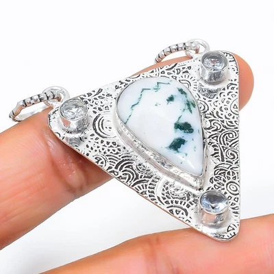 Albero Agata, Topazio Bianco Gemma 925 Argento Sterling Ciondolo Gioielli 5.9cm - Immagine 1 di 4