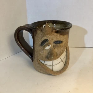 Hand Crafted Funny Face Mug Stoneware Signed Winking Smiling w/Gremlin 3D Ugly - Picture 1 of 5