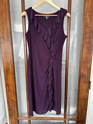 Lauren Ralph Womens Dress Size 10 Purple Ruffle Floral Pencil Sheath Stretch - Image 1 of 4