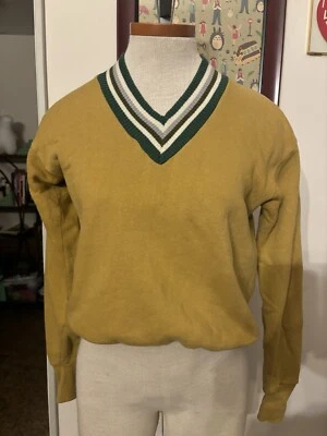 VINTAGE: Collegiate Stripe V-Neck 100% COTTON Sweatshirt *SZ. S/M (YELLOW-GREEN) - Image 1 of 2
