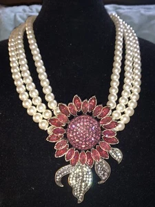 Heidi Daus Majestic Summer Sunflower Pink Swarovski Triple-Strand Pearl Necklace - Picture 1 of 6