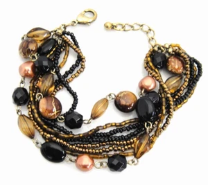 Multi-Strand Bracelet Black Copper Amber Beads Stones 8 Strands 7-8" - Picture 1 of 4