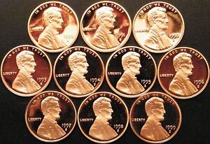 1990-1999 S Lincoln Memorial Cent Gem Deep Cameo Proof Run 10 Coin Set US Mint