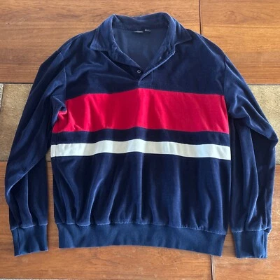 Vintage Towncraft Velour Polo Long Sleeve Terry Cloth Shirt Navy Blue Disco L - Image 1 of 4