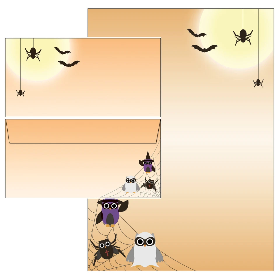 IDEENSTADL Eulen Halloween Spider Hexen owls Briefpapier DIN A4 Briefumschläge DIN lang Set