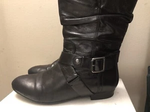 Aldo Black Leather Moto Boots Slouch Ankle Zip Buckle Flat Women’s Sz 7.5 EU 38 - Picture 1 of 10