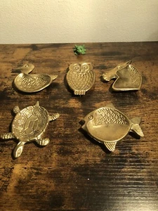 Vintage brass pocket or trinket dishes set of five duck Fish owl turtle-Horse  - Picture 1 of 14