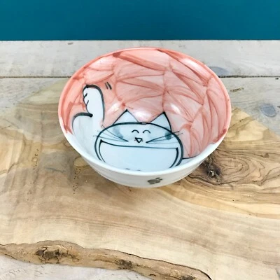 Lindo tazón de arroz japonés para gatito gato de la suerte fideos de 4,5" de diámetro pintado a mano Kawaii Foto 1 de 4