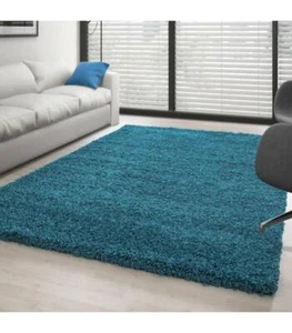 TEAL BLUE SHAGGY RUG X LARGE FLUFFY PLAIN SMALL THICK 5CM FLOOR CARPET RUG - Picture 1 of 5