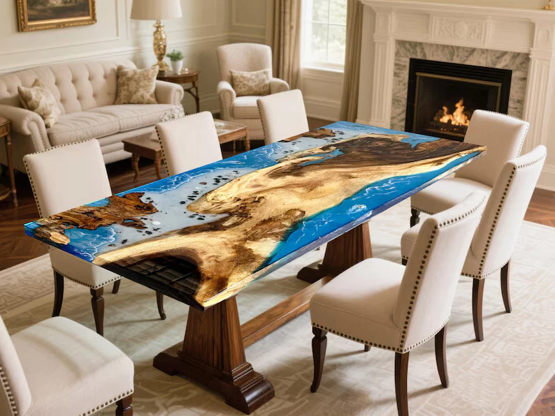 Walnut Epoxy Resin Dining Table Blue Ocean Resin Table,Tropical-style Decor - Image 1 of 4