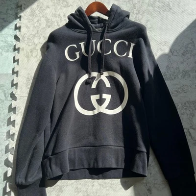 Gucci Hoodie Interlocking GG Big Logo Negro Algodón De Gran Tamaño Auténtico ... - Imagen 1 de 4