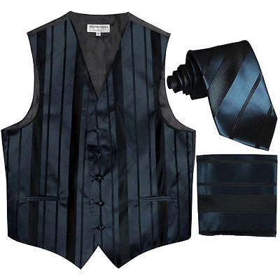 New Men's vertical stripes Tuxedo Vest Waistcoat_tie & hankie navy blue formal - Image 1 of 4