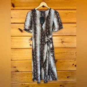 Fashion Nova Women Brown Snake Print Polyester Wrap V Neck Knee Length Dress S - Picture 1 of 4