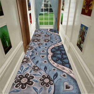 Vintage Minimalist Aesthetic Soft Wool Runner Rugs Blue Flower Floral Carpet - Picture 1 of 7