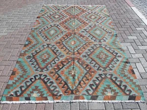 Blue Kilim Rug 5.8x9.2 Large Wool Area Rug Original Oushak Vintage Faded Rug - Picture 1 of 14
