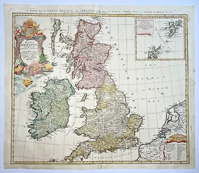 ISLAS BRITÁNICAS c. 1740 HOMANN HRS MAPA GRANDE ANTIGUO GRABADO SIGLO XVIII Foto 1 de 4