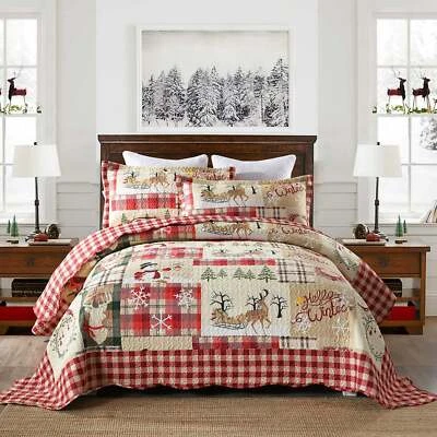 3 Pcs Christmas Quilt Lightweight Bedspread Set Plaid Coverlets for Winter - Image 1 of 4