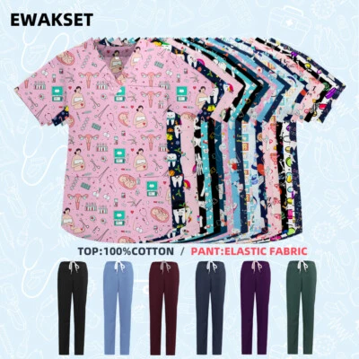 Novo Uniforme de Enfermeira Médica Conjunto Cirúrgico Hospitalar Tops de Algodão Calças Elásticas - Imagem 1 de 4