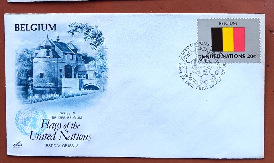 BELGIUM FLAG BRUGES CASTLE  U.N. ARTCRAFT  CACHET 1982 FDC UNADDR - Image 1 of 1