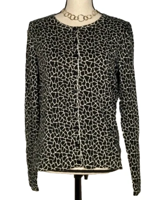 DIANE VON FURSTENBERG NWOT LARGE COTTON/SILK ANIMAL PRINT CARDIGAN BLACK/IVORY L - Image 1 of 4
