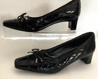 Stuart Weitzman Quilted Black Patent Leather Square Cap Toe Women's 7 M Shoes - Image 1 of 4