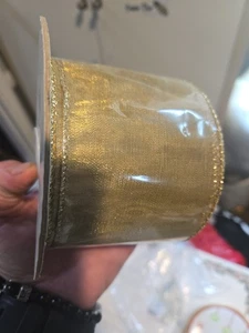 Vintage Stats Gold And Glittered Wired Edges Ribbon   Print 3”x 10 Yd - Picture 1 of 2