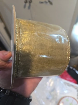 Vintage Stats Gold And Glittered Wired Edges Ribbon   Print 3”x 10 Yd - Image 1 of 2