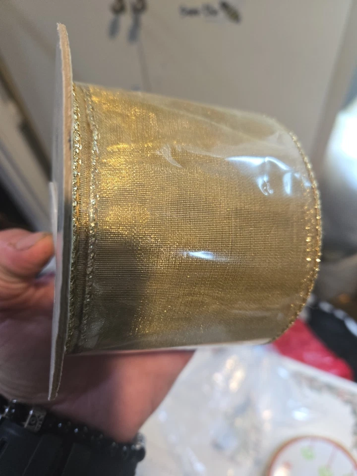 Vintage Stats Gold And Glittered Wired Edges Ribbon   Print 3”x 10 Yd - Image 1 of 2