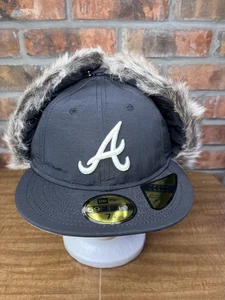 New Era Atlanta Braves Dog Ear Fur Winter 59fifty 7 1/4 Retro Crown MLB Hat Blk - Picture 1 of 8