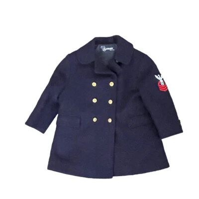 Boys Size 4 Vtg Wool Peacoat Winter Coat Navy Blue Gold Button Double Breasted - Image 1 of 4