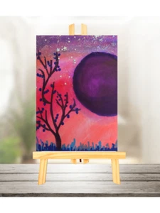 ACEO Kunstmalerei lila Mond Planet Fantasie Miniatur Kunstwerk Sammelkarte - Bild 1 von 2