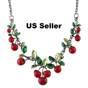 US Seller Cute Enamel Red Cherry Leafs Gun Black Chain Necklace - Picture 1 of 12