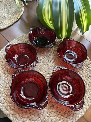 Vintage Anchor Hocking Ruby Red Glass Coronation Berry Bowl set of 5/grandmacore - Image 1 of 4