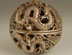 Antico Tibet argento rame intagliato a mano drago fenice statua bruciatore di incenso Buddha - Foto 1 di 7