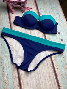 Victora's Secret 36A Underwire Bikini Top LARGE Bottoms Navy Blue Teal - Picture 1 of 5