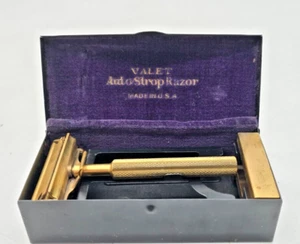 1920's Valet Autostrop Safety Razor Brass Gold Open Comb Single Edge Metal Case - Picture 1 of 8