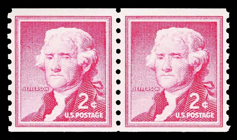Scott 1055 1961 2c Jefferson Coil Small Holes Mint Pair F-VF NH Cat $17.50 - Image 1 of 1