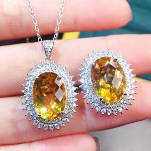 Party Jewelry Set Oval Yellow Citrine Gemstone Silver Charm Women Necklace Rings - Picture 1 of 6