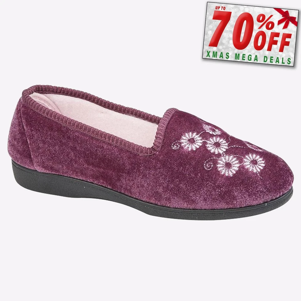 Sleepers Cathy Embroidered Womens Ladies Floral Comfortable Slippers Heather