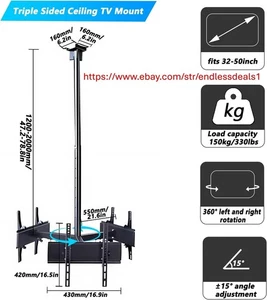 Ceiling TV Mount, Triple Sided Ceiling TV Mount, Adjustable Height, 3 Screen, - Picture 1 of 8