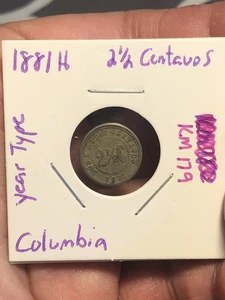 Columbia 1881 2 1/2 centavos - KM#179 - acuñado en Scovill Manufacturing Co. EE. UU. - Imagen 1 de 6